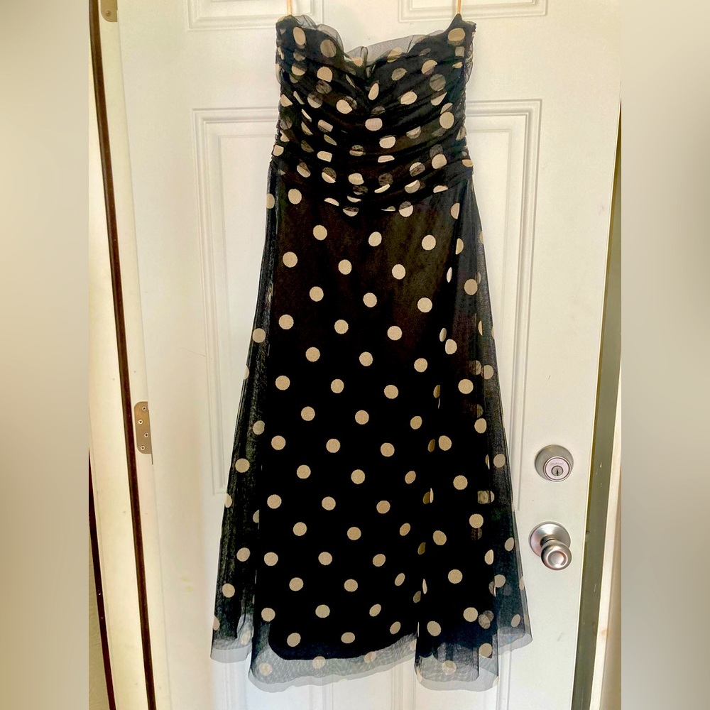 Polka dot dress by BCBG slightly below the knee (I’m 5”4’)